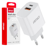 Vit väggladdare med USB-C och USB-A för 20 W laddning