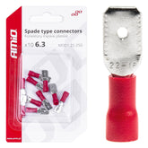 Røde isolerede han-fladstik med 6,3 mm bredde