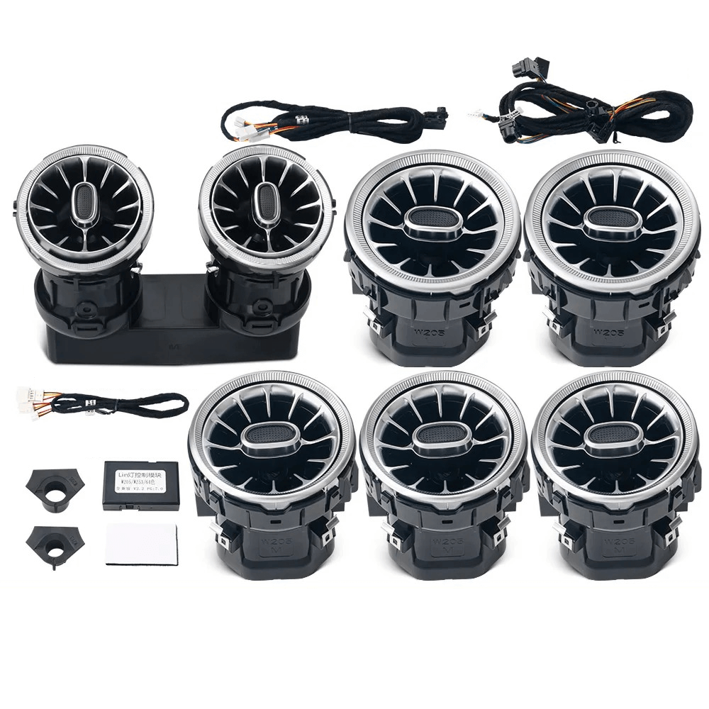 Omgivningsbelysning för luftmunstycken - Mercedes A/CLA/C/E/GLC 15-25, inklusive munstycken och installationskomponenter.