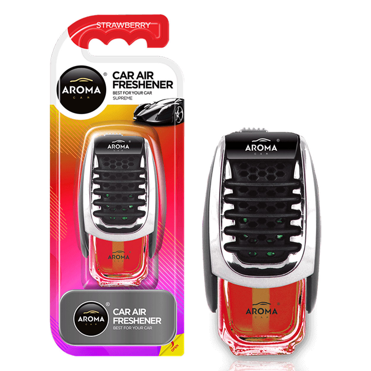 Aroma Car Supreme Strawberry luftfräschare monterad i bilens ventilationsgaller