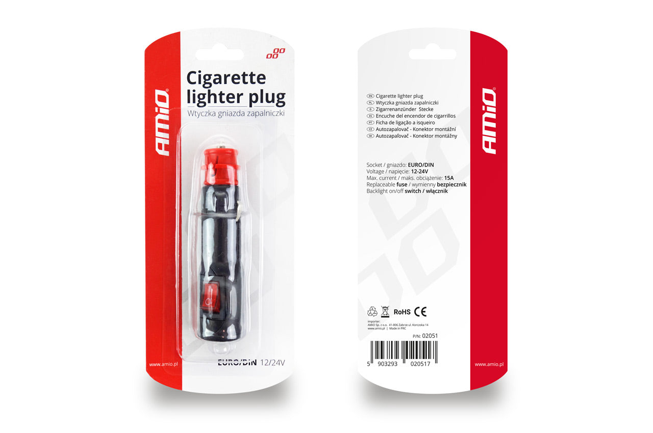 Cigarettuttag med kontakt, utbytbar säkring och LED-indikator