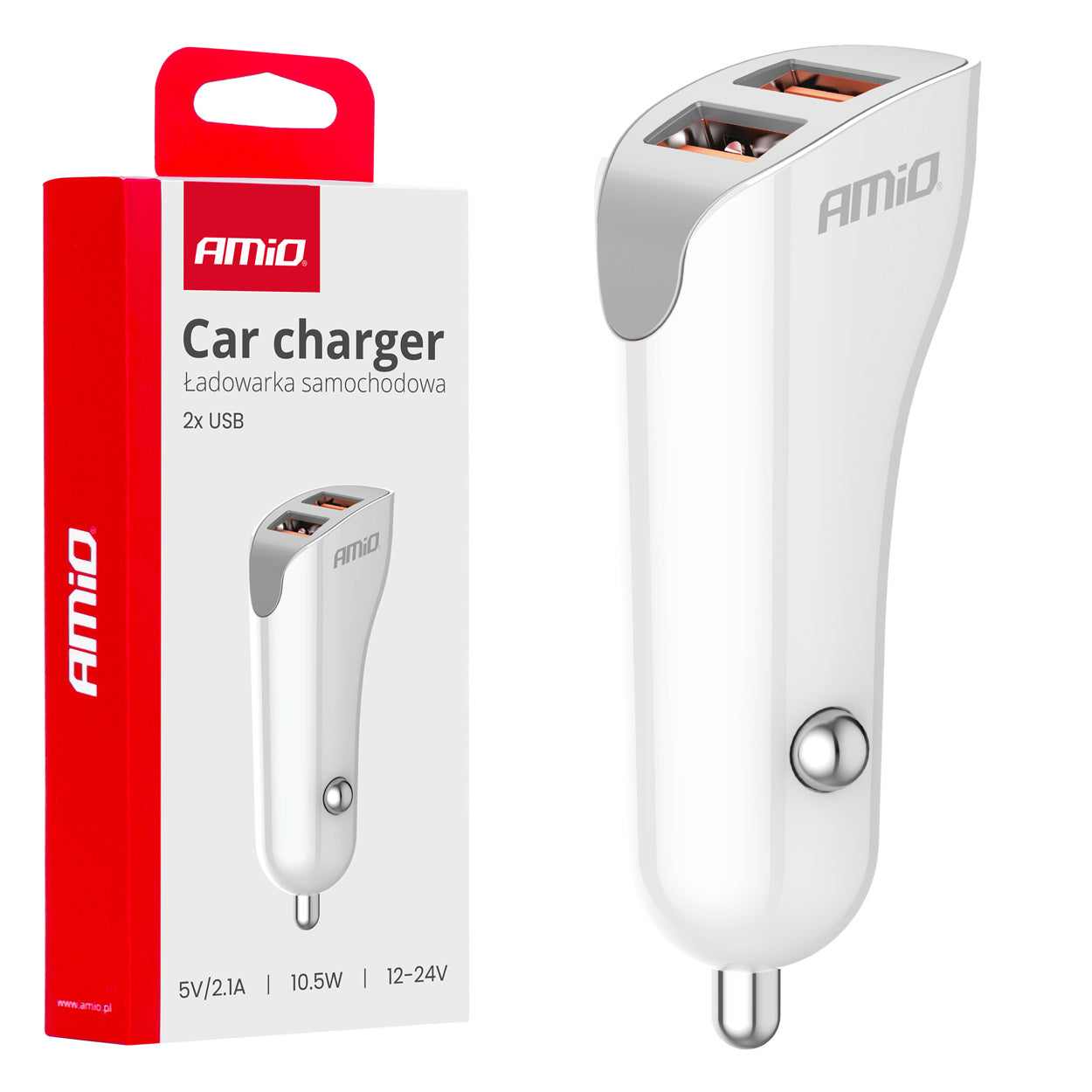 Hvid USB-billader til bil med 2 USB-A-porte