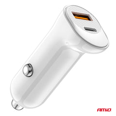 Kompakt hvid USB-billader med 20 W samlet effekt