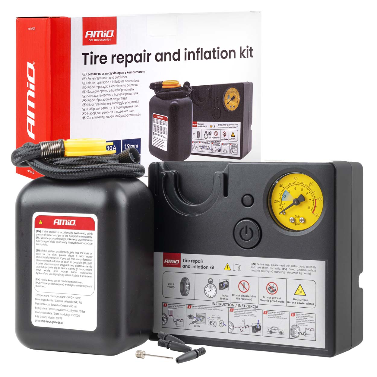 Däckreparationssats med 12V-kompressor