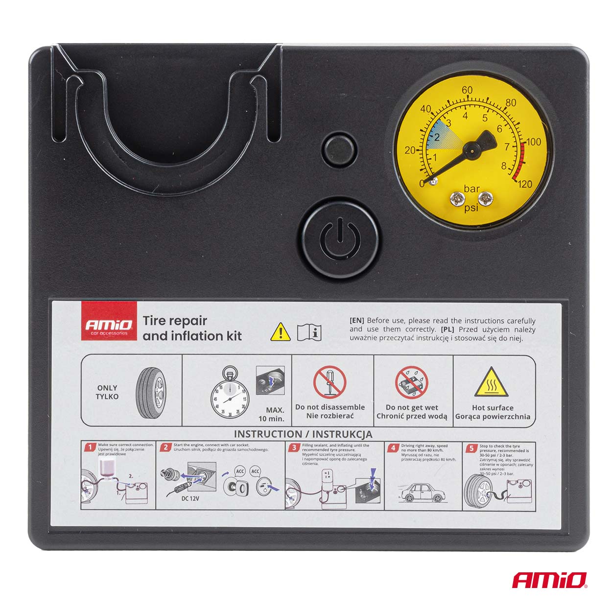 12V-kompressor med tryckmätare för bildäck