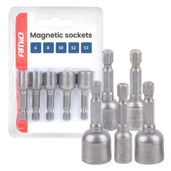 Set med fem magnetiska hylsor i storlekarna 6, 8, 10, 12 och 13 mm