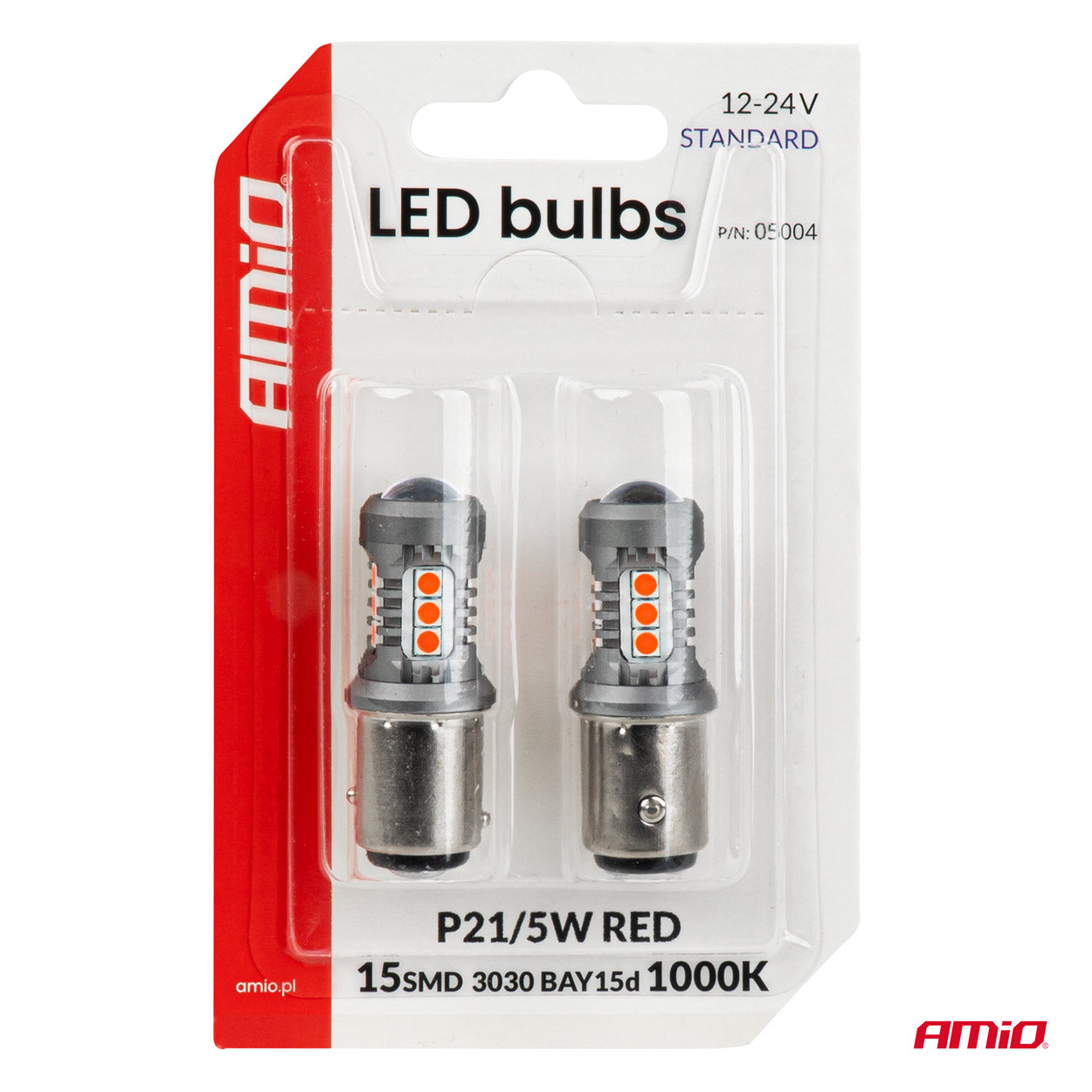 LED-lampa med röd ljusfärg och BAY15D-sockel