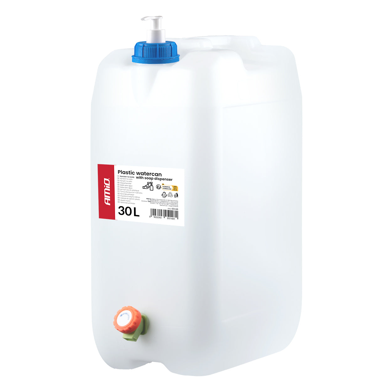 Vit vattendunk 30 liter med kran och tvåldispenser