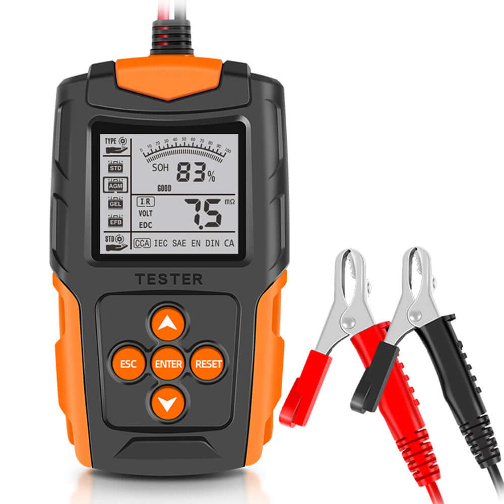 12V/24V batteritestare med LCD-skärm och klämmor för batteritestsystem.