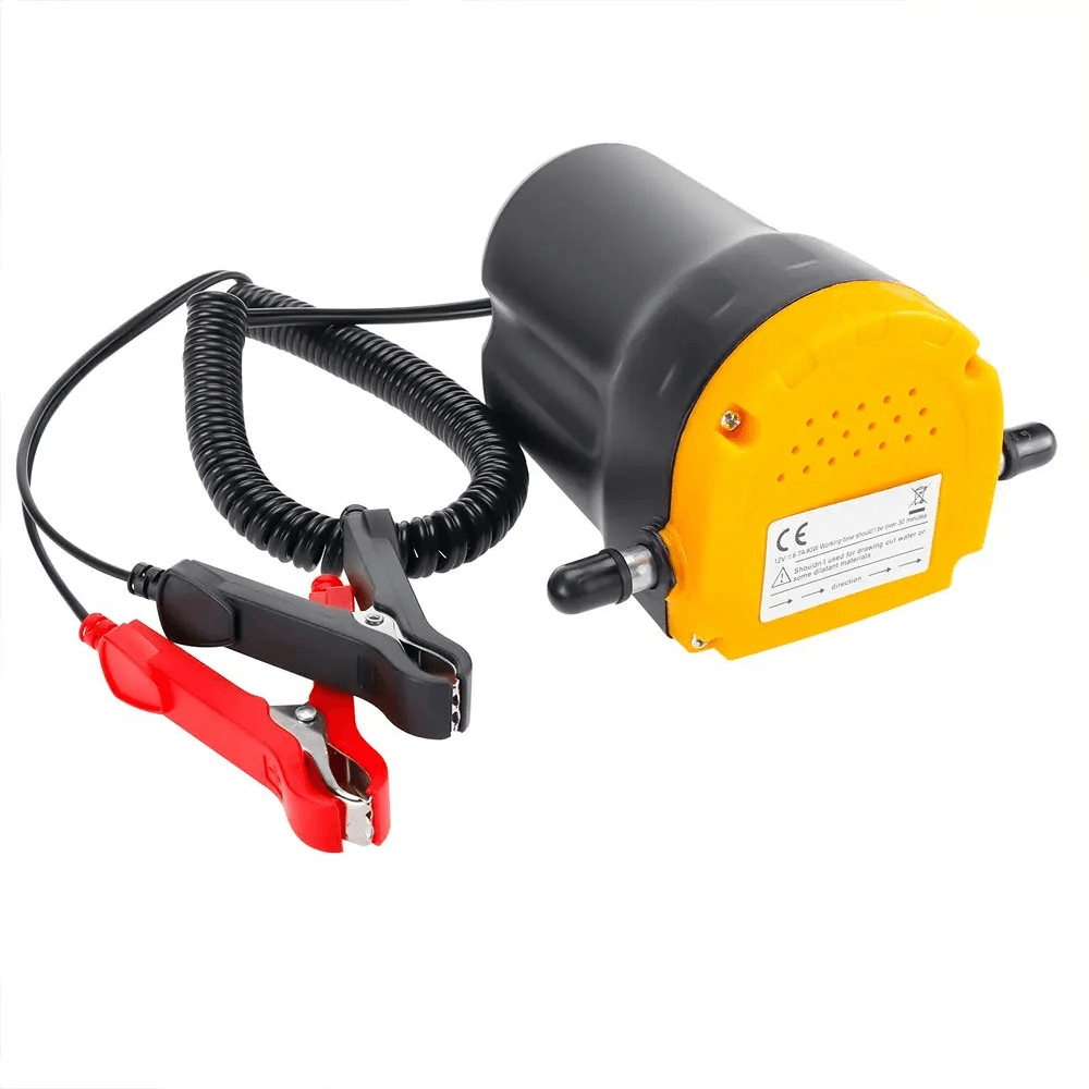 12V oljepump – 80W (3–4 L/min) elektrisk pump för motorolja och diesel med klämmor.