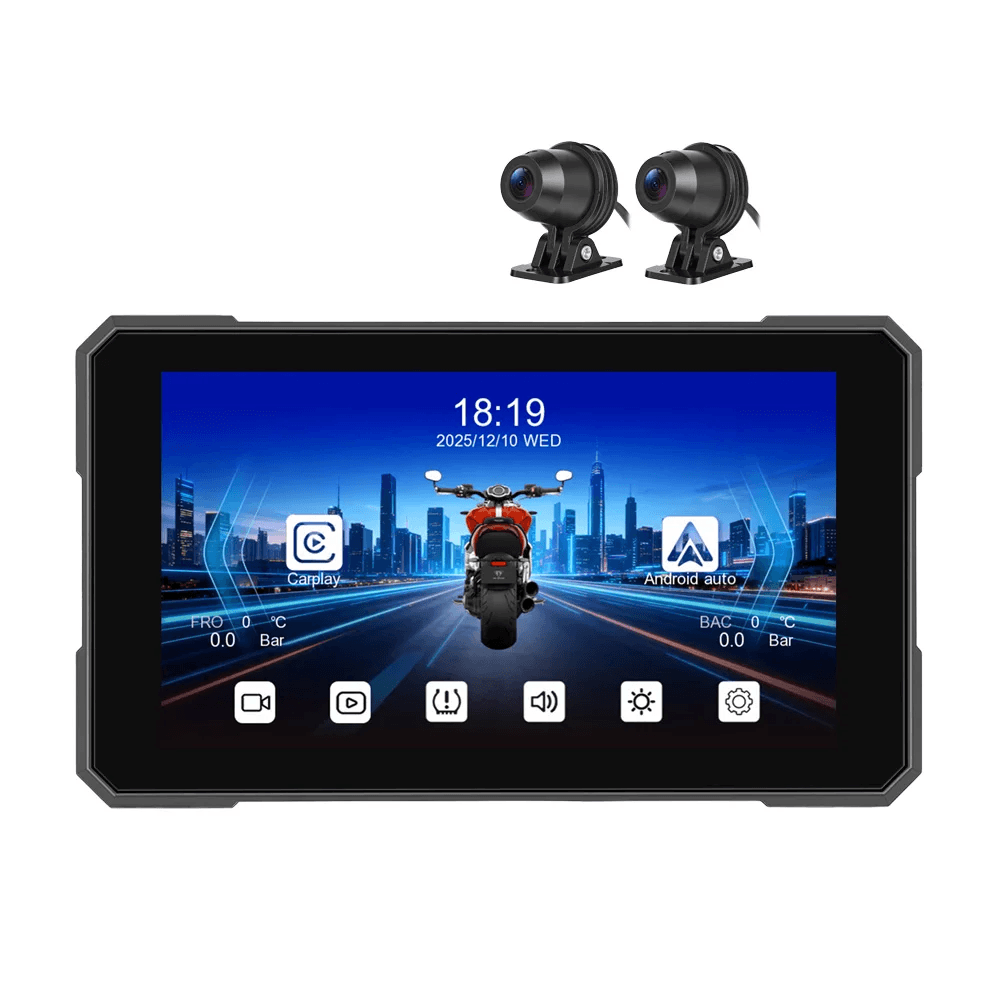 5” motorcykelskärm med CarPlay, Android Auto, AirPlay, DVR och TPMS 