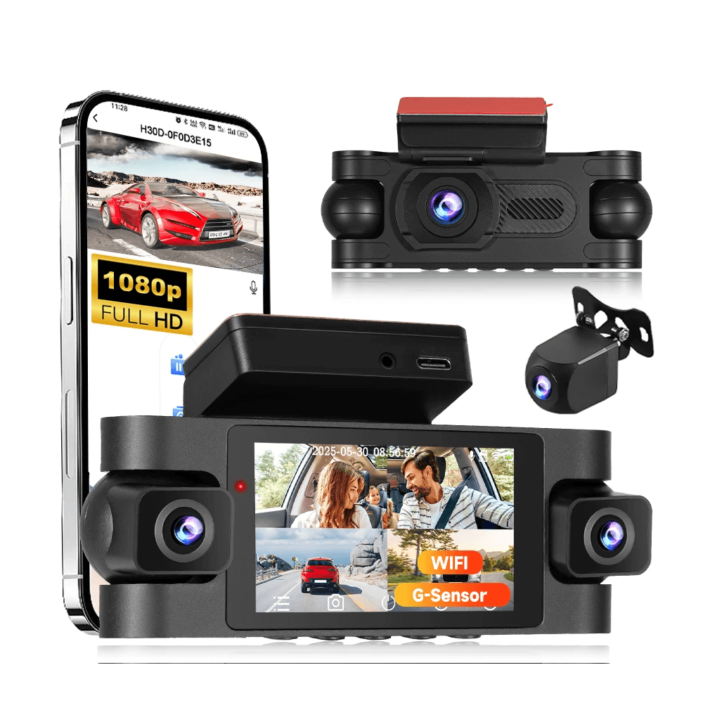 4-lins 2K Dash Cam med pekskärm och 360° övervakning med flera kameror och smartphone-anslutning.