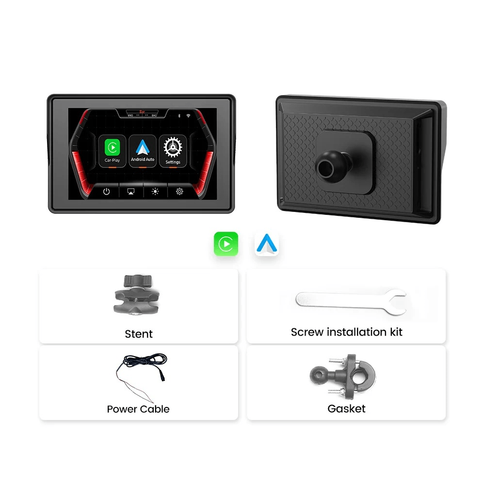 5” CarPlay för motorcykel – Trådlös Apple CarPlay & Android Auto (IP67) skärm med tillbehör