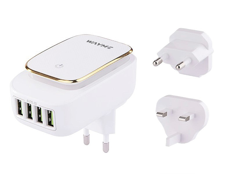 WAYME reseladdare med 4 USB-A, LED-ljus och kontakter för EU, UK och USA