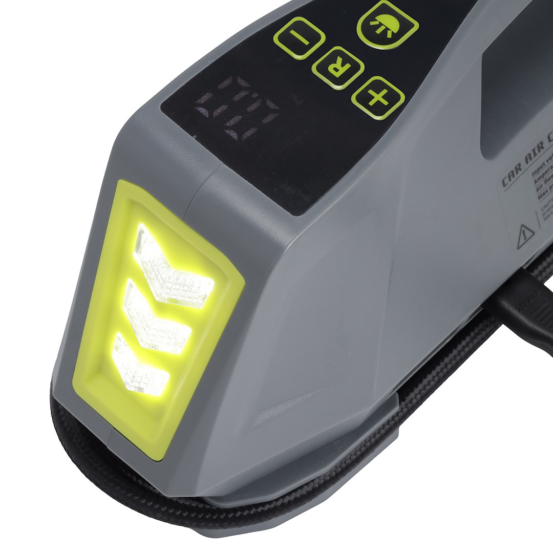 Kompakt luftkompressor för 12V och 230V med LED-ficklampa