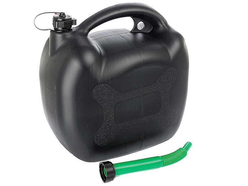 Svart oval bensindunk 20L i plast med tratt
