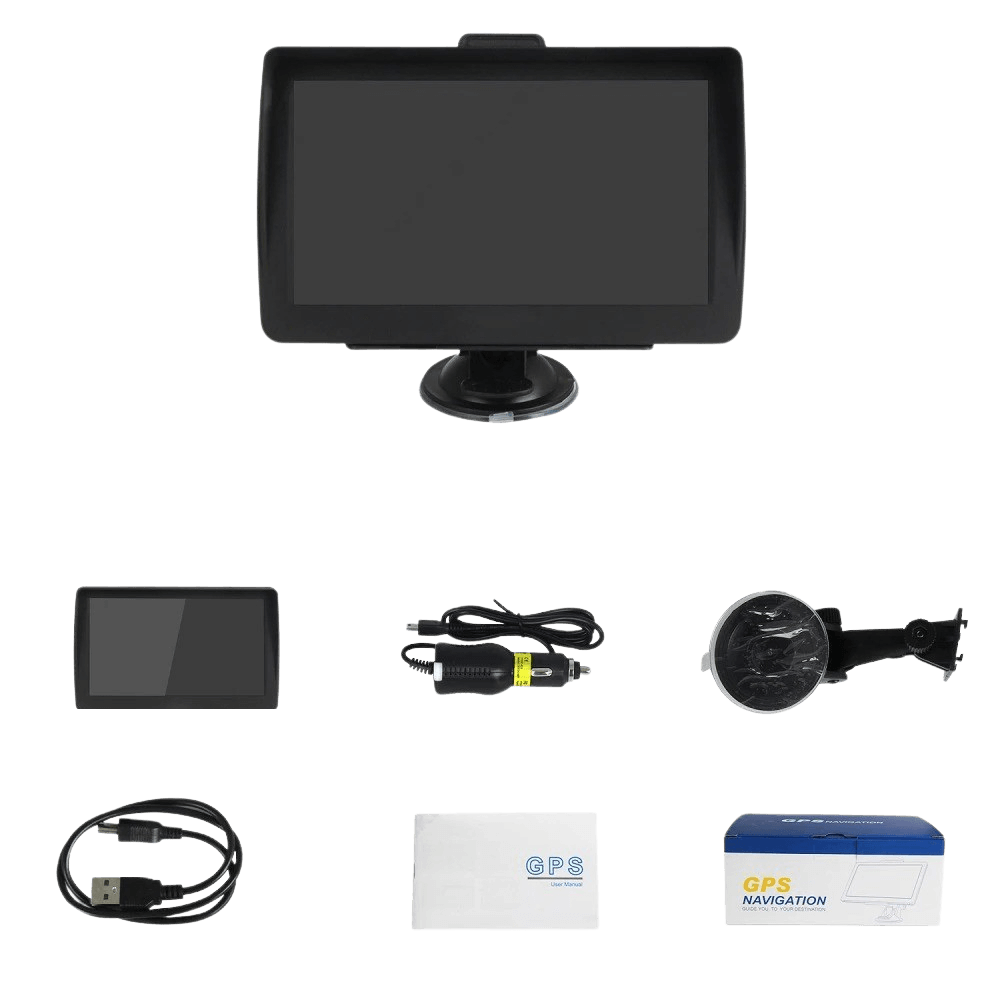 7" GPS-skärm – EU-navigering, FM-radio och mediauppspelning med tillbehör, inklusive kabel och hållare.