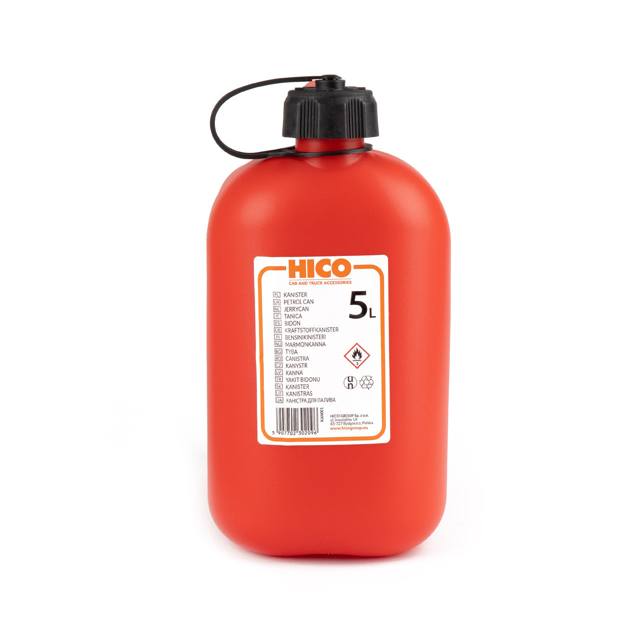 Röd bränsledunk i plast på 5 liter