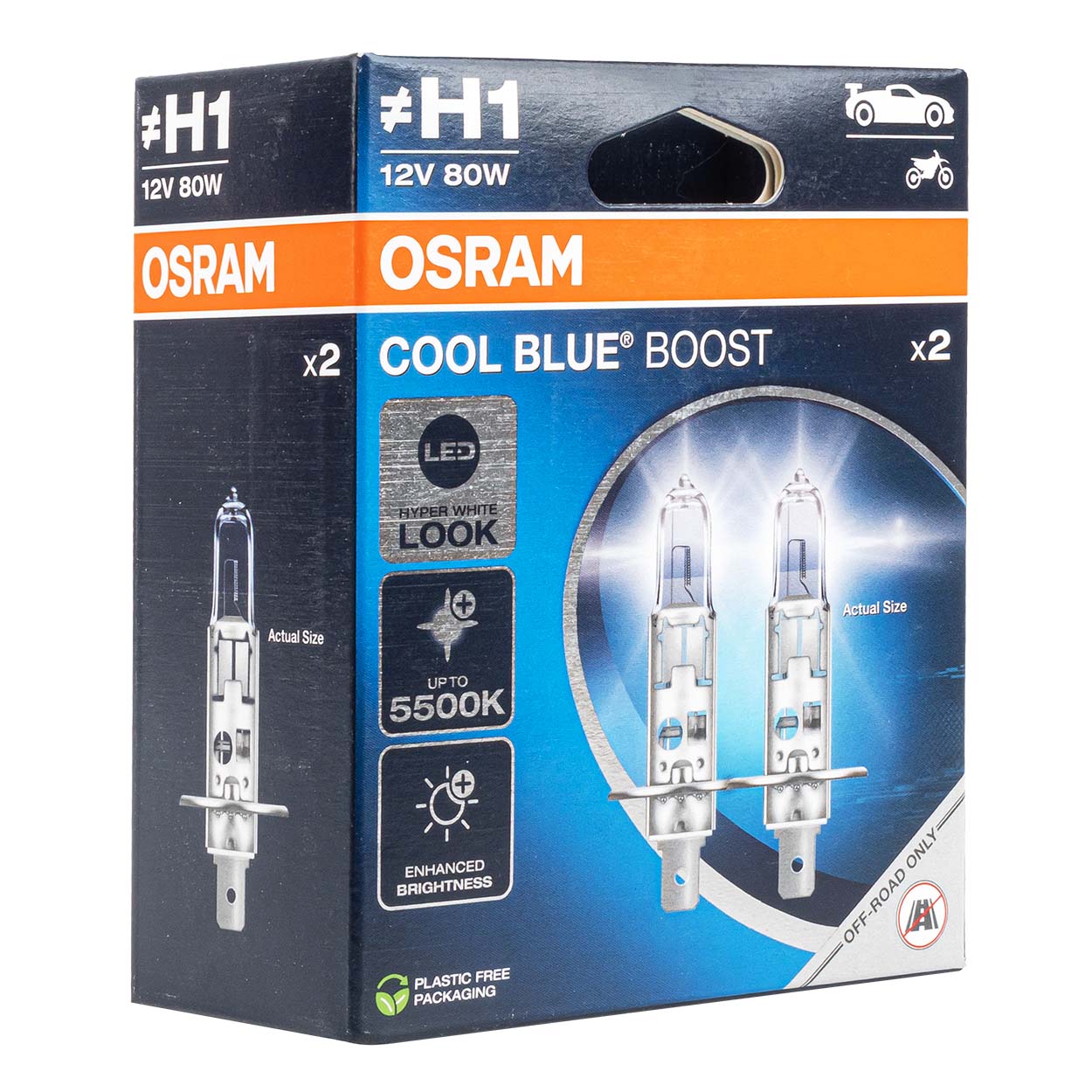 Osram H1 halogenlampor 12V 55W P14,5s Cool Blue Boost 5500K, 2 st