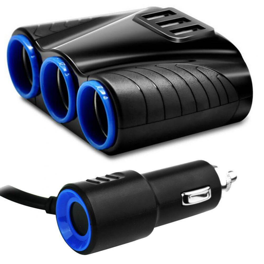 3-vägs cigarettuttag-splitter med 3x USB – 12V / 24V strömfördelare för bilar, idealisk för flera enheter.