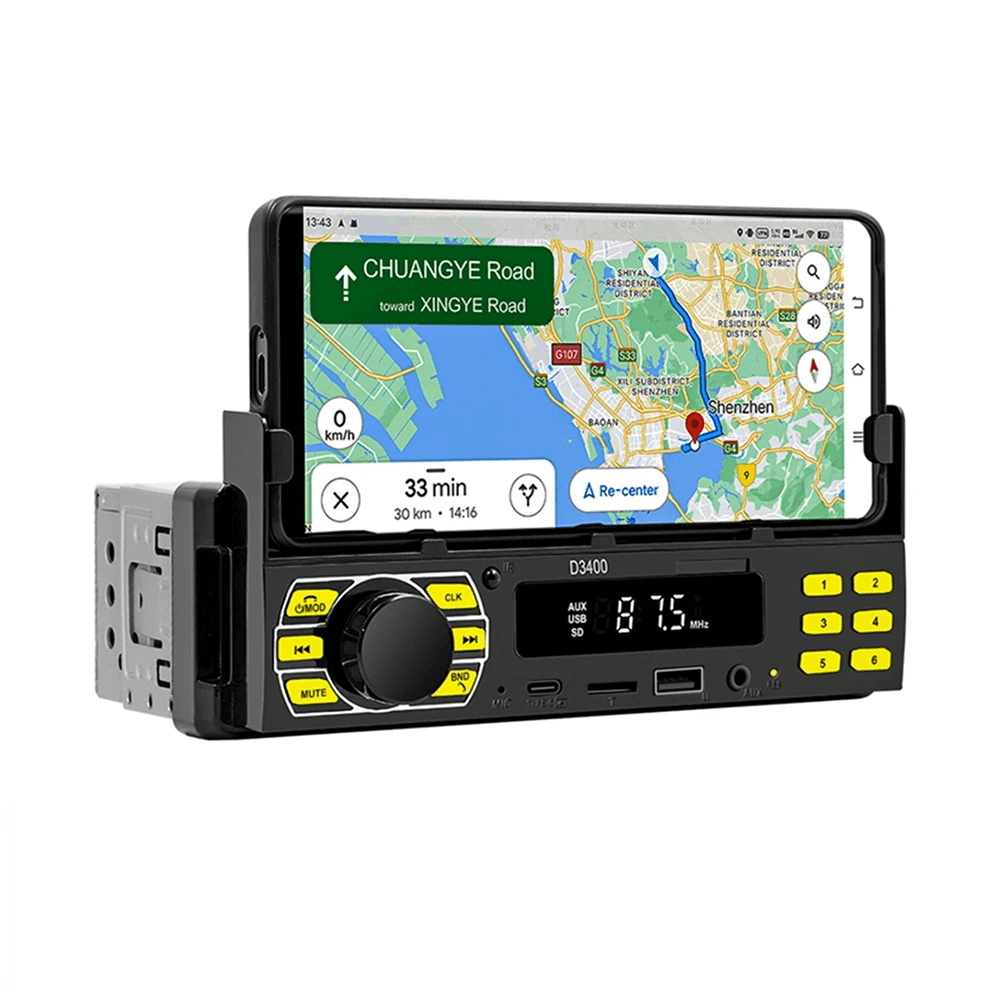 Universell 1-DIN-radio med telefonhållare, USB-C och Bluetooth 5.1 med GPS-navigering på telefonen.
