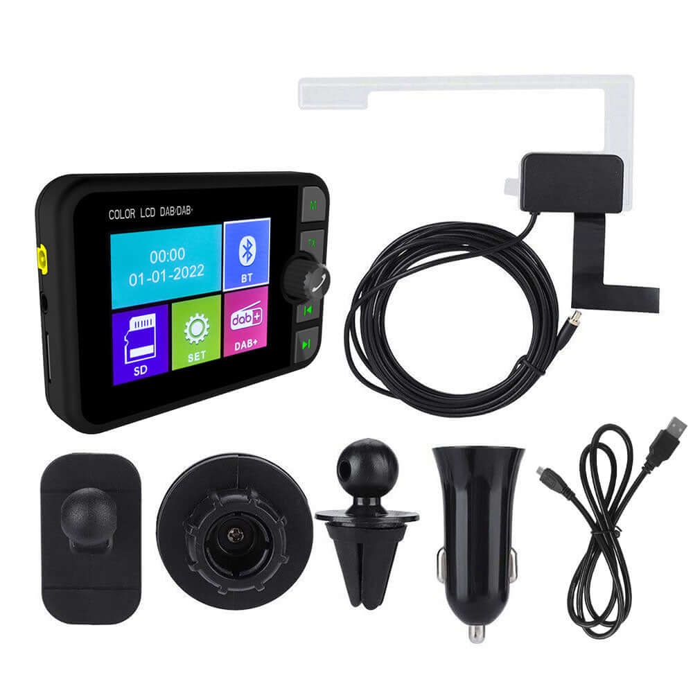 DAB+ Adapter med 2,4" färg-LCD med Bluetooth, FM-sändare och AUX – digitalradio för bil med tillbehör.