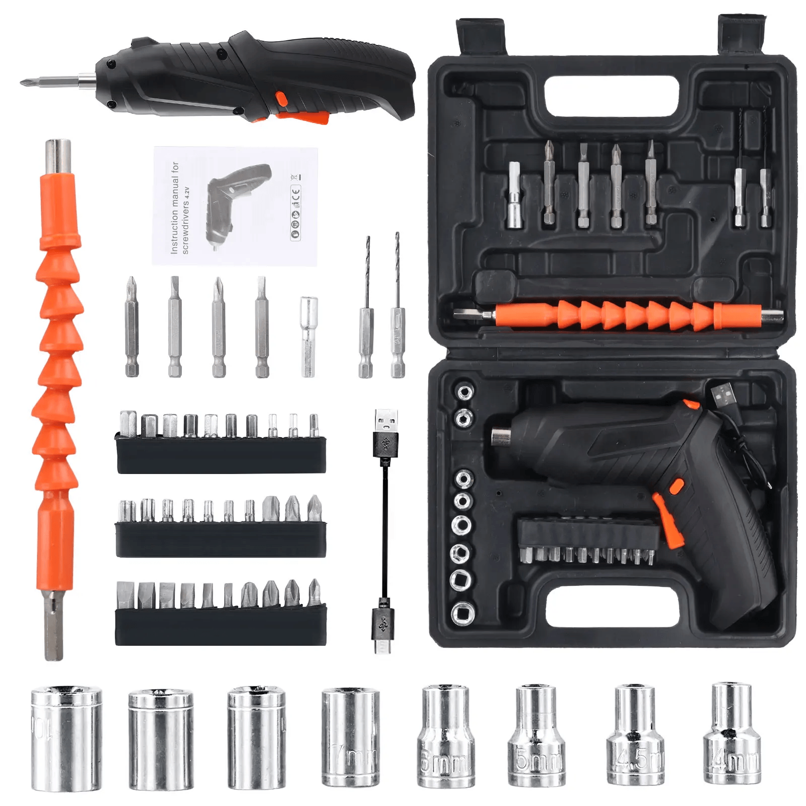 Elektrisk skruvmejselsats 47 delar – 3,6V sladdlös multiverktyg med olika bitar och tillbehör.