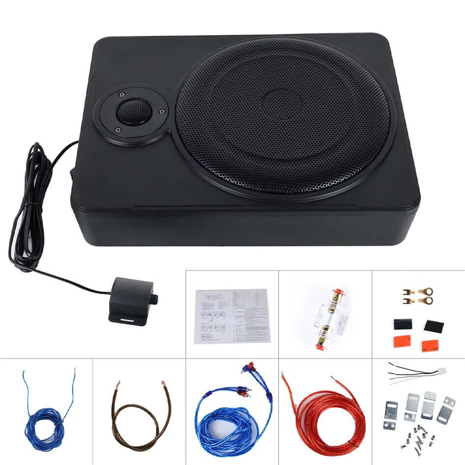 10” slim aktiv subwoofer för bil – 600W under sätet med kompakt design och tillbehör för installation.