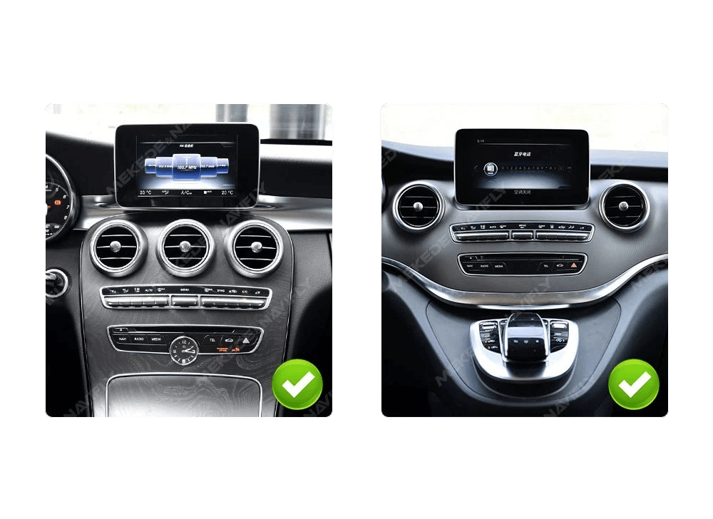 Mercedes-Benz C-Klass och Vito – 12,5" radio med trådlös Apple CarPlay & Android Auto installations- och instrumentbrädesbilder