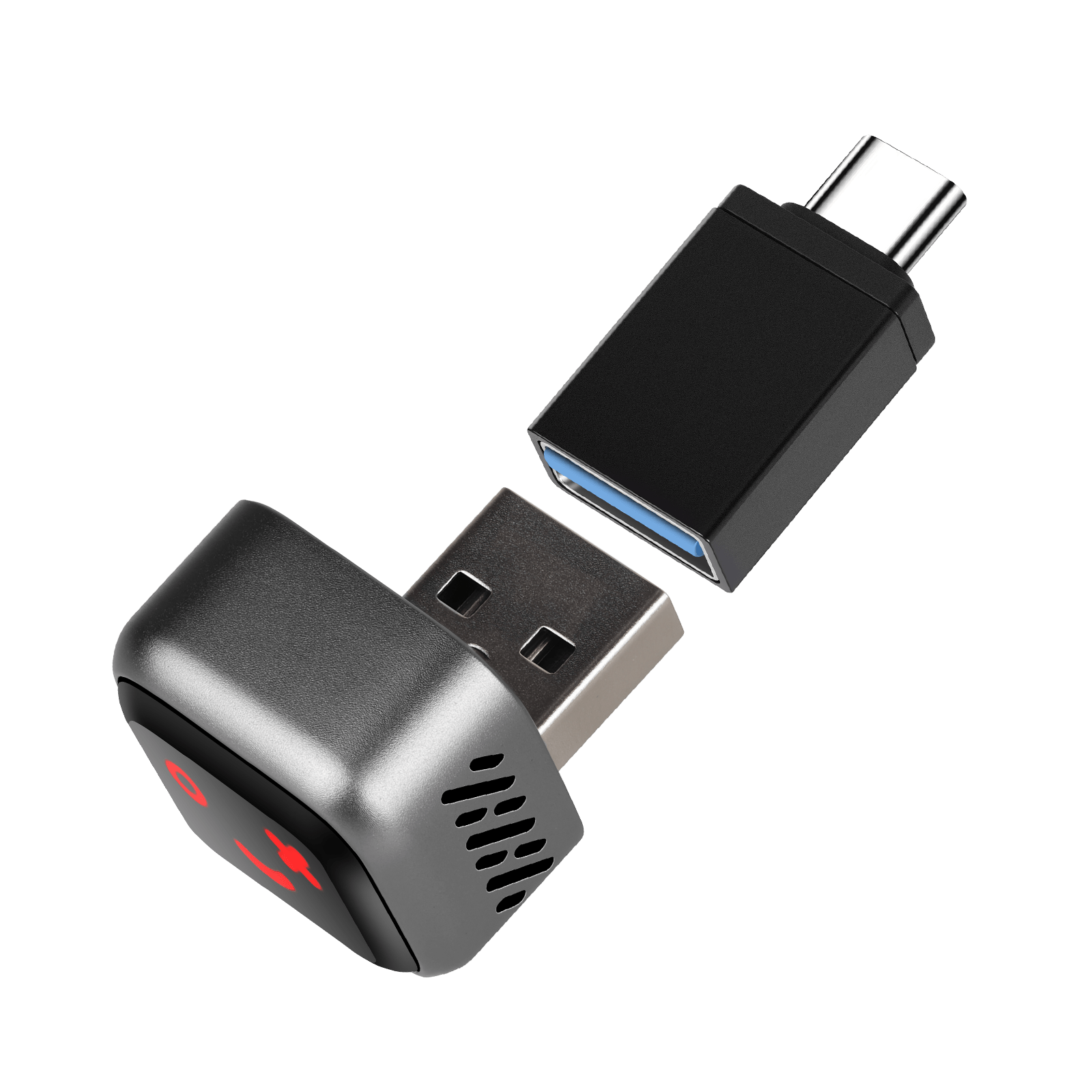 Mini trådlös CarPlay & Android Auto-adapter (5.8GHz – Plug & Play) med USB- och USB-C-kontakter.