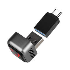 Mini trådlös CarPlay & Android Auto-adapter (5.8GHz – Plug & Play) med USB- och USB-C-kontakter.
