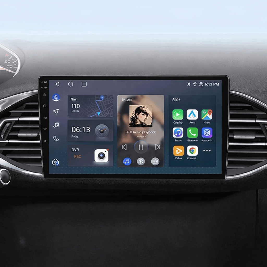 Peugeot 308 13-21 - 9" radio med Apple CarPlay och Android Auto installerad i bilens instrumentpanel.
