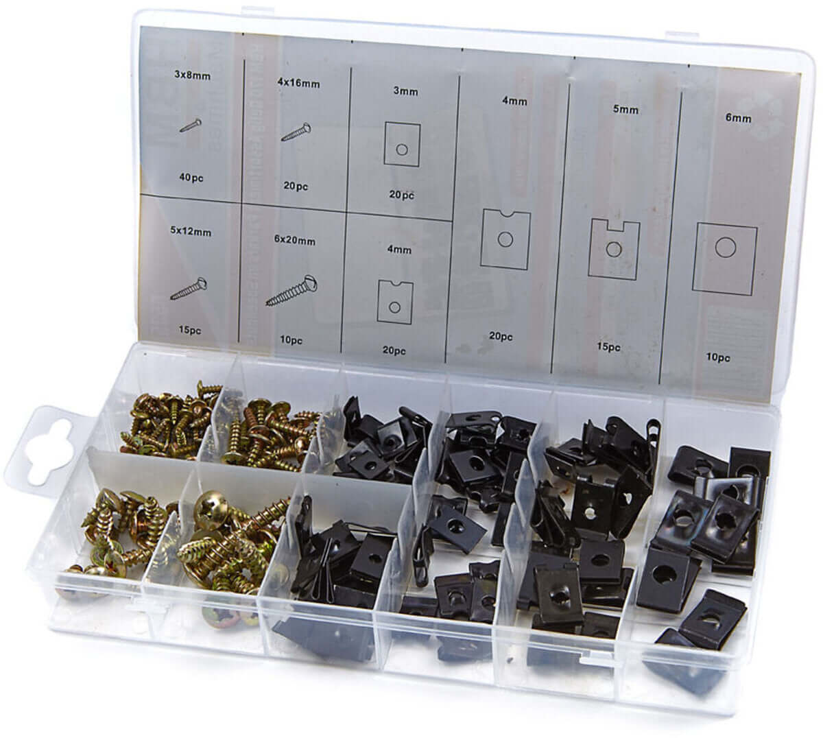 Sortiment med clips och plåtskruvar, 170 delar – komplett set med assorterade clips och skruvar i transparent förvaring