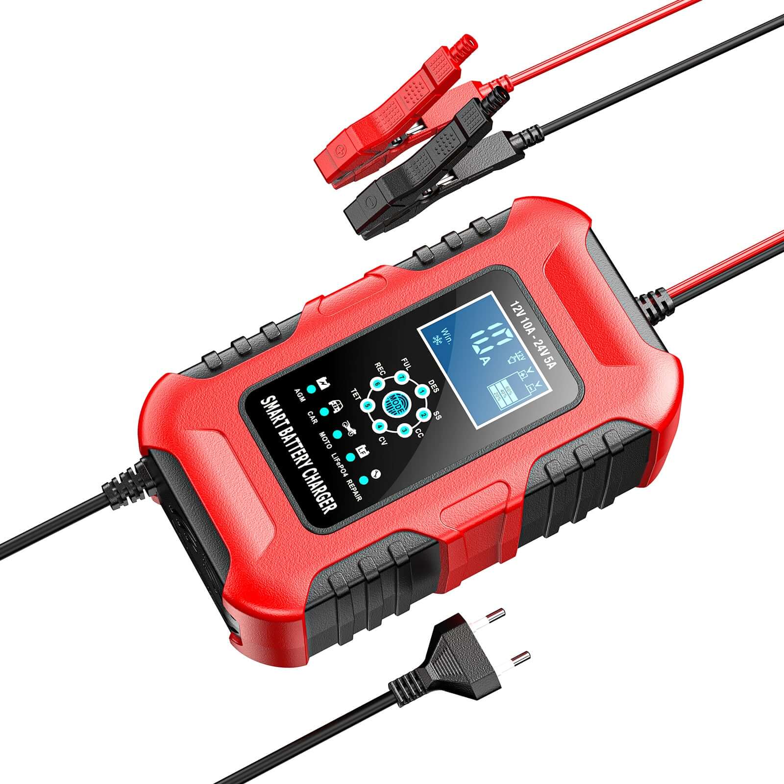 Smart batteriladdare 12V 10A / 24V 5A med klämmor för batteriladdning och LED-display för laddstatus.