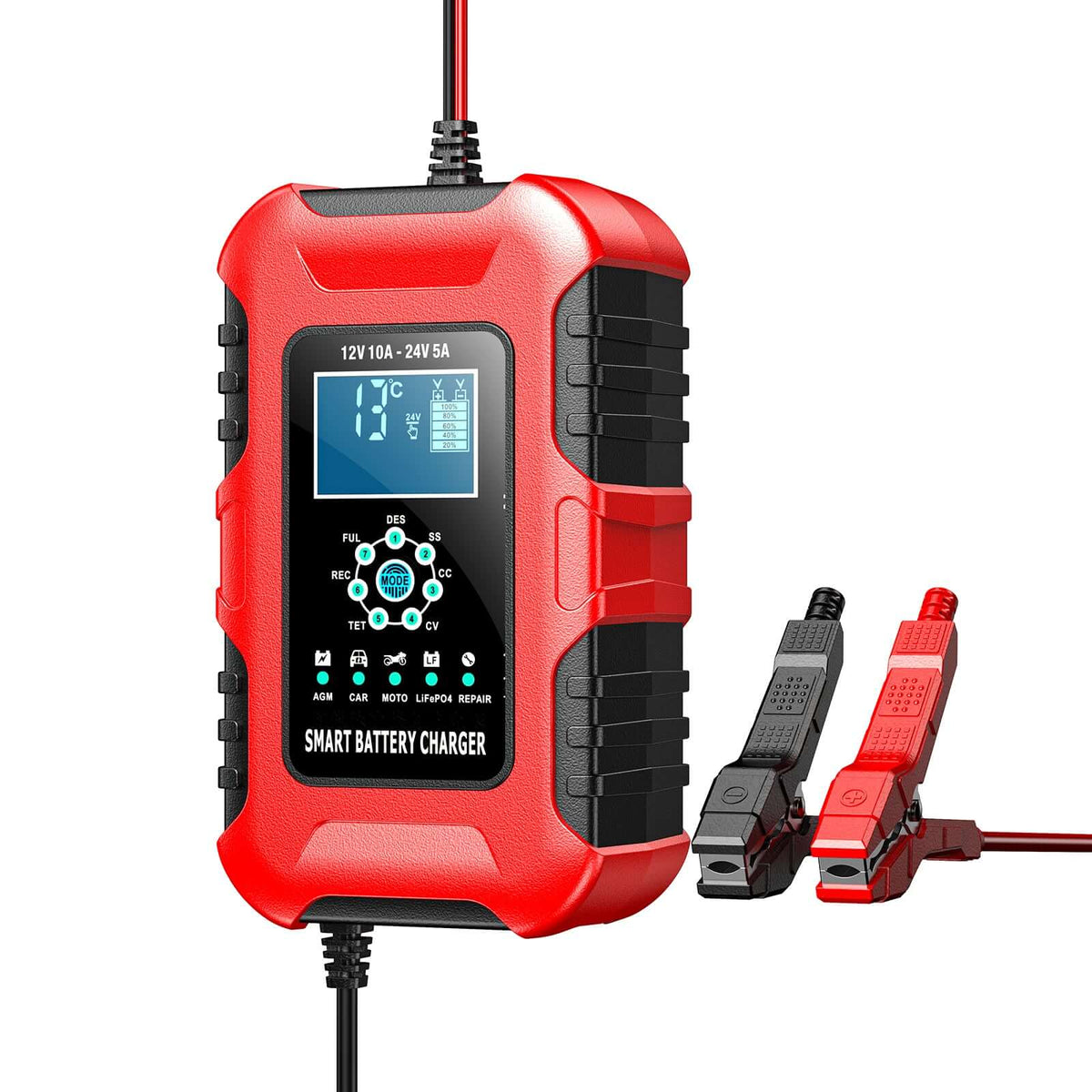 Smart batteriladdare 12V 10A / 24V 5A - intelligent laddare med display och klämmor för effektiv batterihantering.