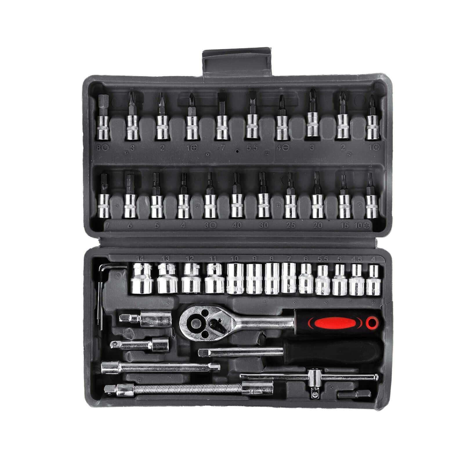 Hylsnyckelsats 1/4” – 46 delar bits & hylsor med spärrskaft och förlängare i förvaringslåda