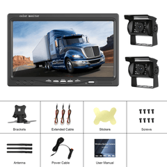 Trådlöst backkamerasats med 7" IPS-skärm och 2 kameror - 1080P AHD, produktbild med bildskärm och kameror för lastbil.