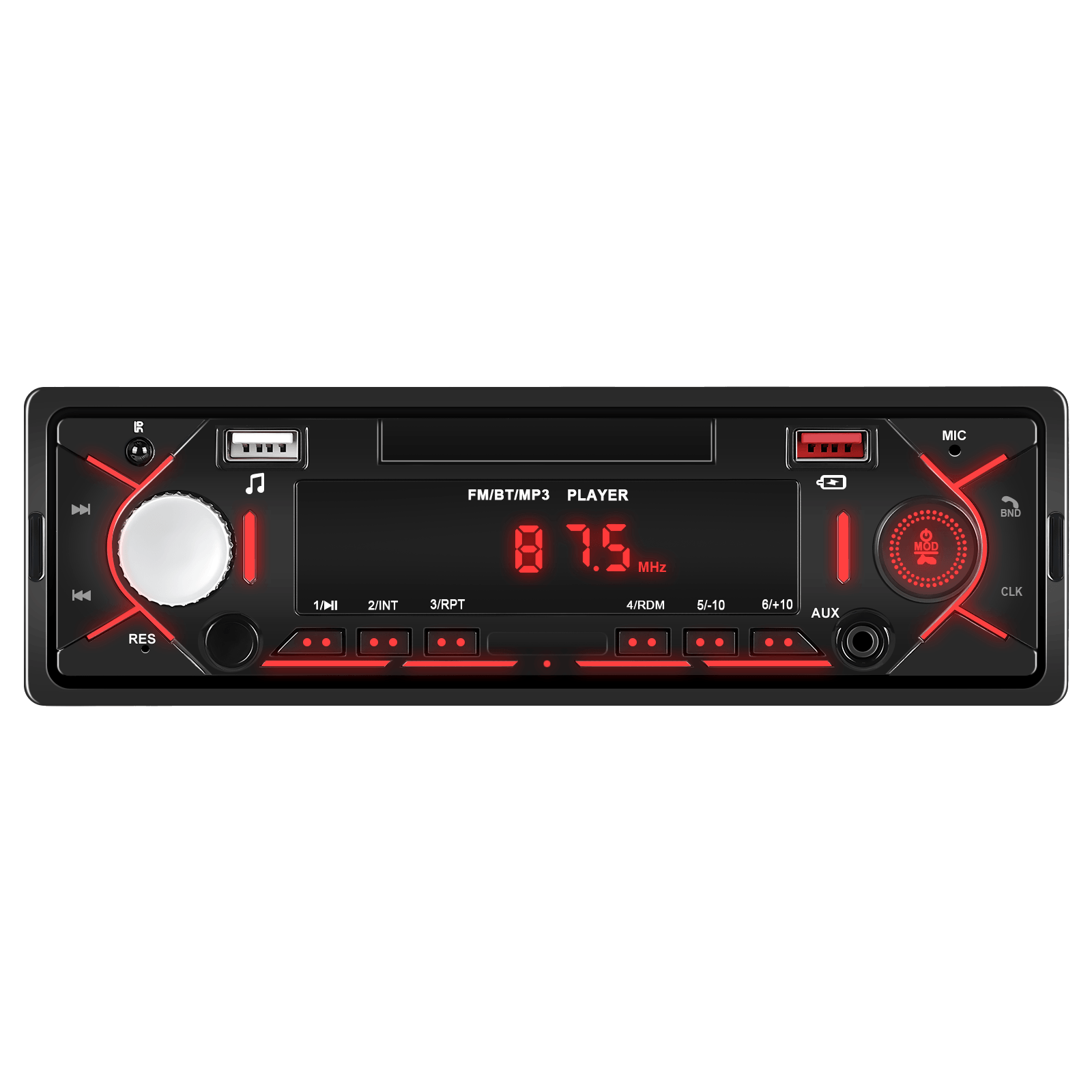 Universell 1-DIN radio med Bluetooth, FM & USB – MP3-spelare med LED-display med röd belysning och USB-portar.