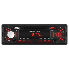 Universell 1-DIN radio med Bluetooth, FM & USB – MP3-spelare med LED-display med röd belysning och USB-portar.