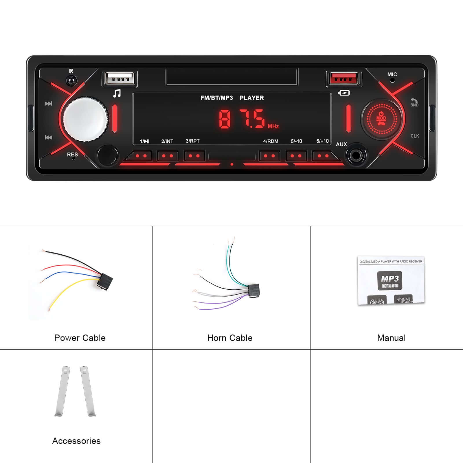 Universell 1-DIN radio med Bluetooth, FM & USB – MP3-spelare med LED-display, kontrollpanel med tillbehör