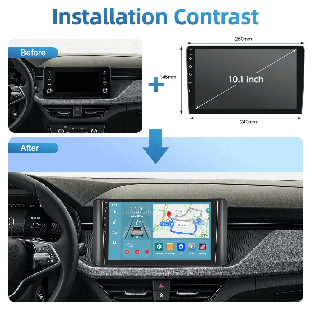 Installationskontrast som visar före och efter uppgradering till VW Polo/Skoda Scala/Skoda Kamiq 20-25 – 10,1" Radio med Apple CarPlay och Android Auto.