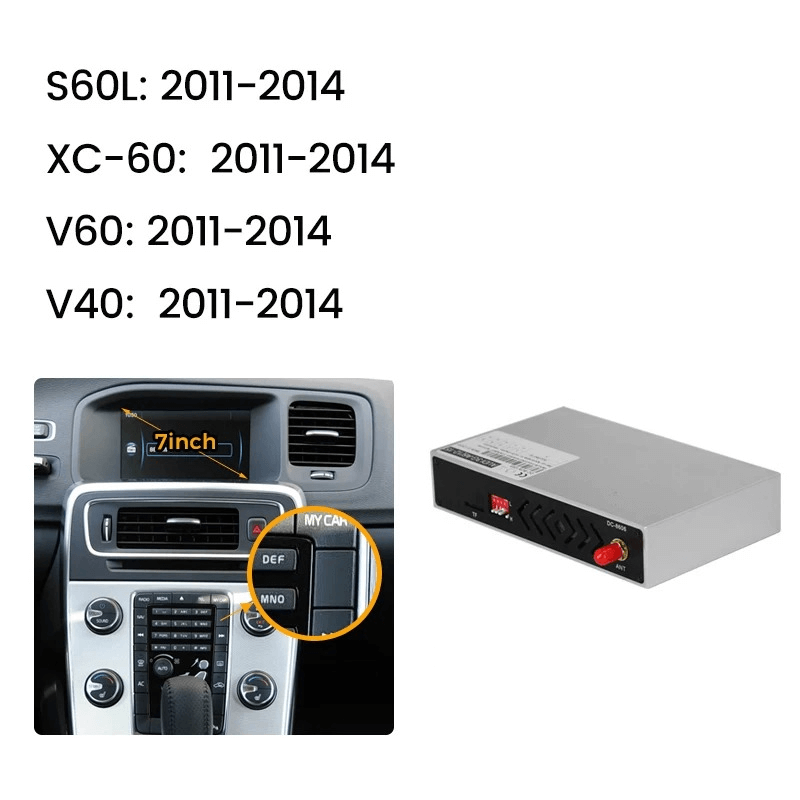 Trådlös Apple CarPlay & Android Auto-modul – Volvo S60/XC60/V40/V60 11-18 med tabell över kompatibla modeller.