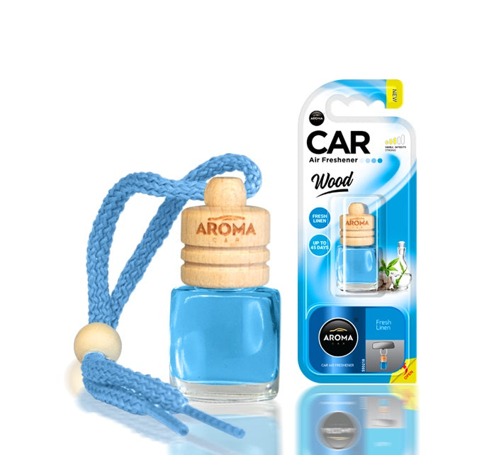 Aroma Car Wood Fresh Linen billuftfräschare med glasflaska och träkork